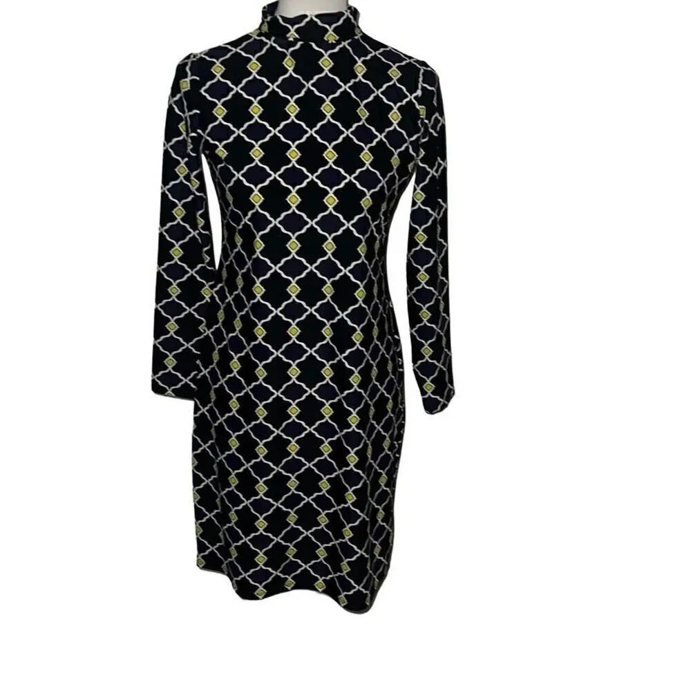 Jude Connally Quatrefoil Geometric Print Turtleneck Dress Packable Stretchy Sz S